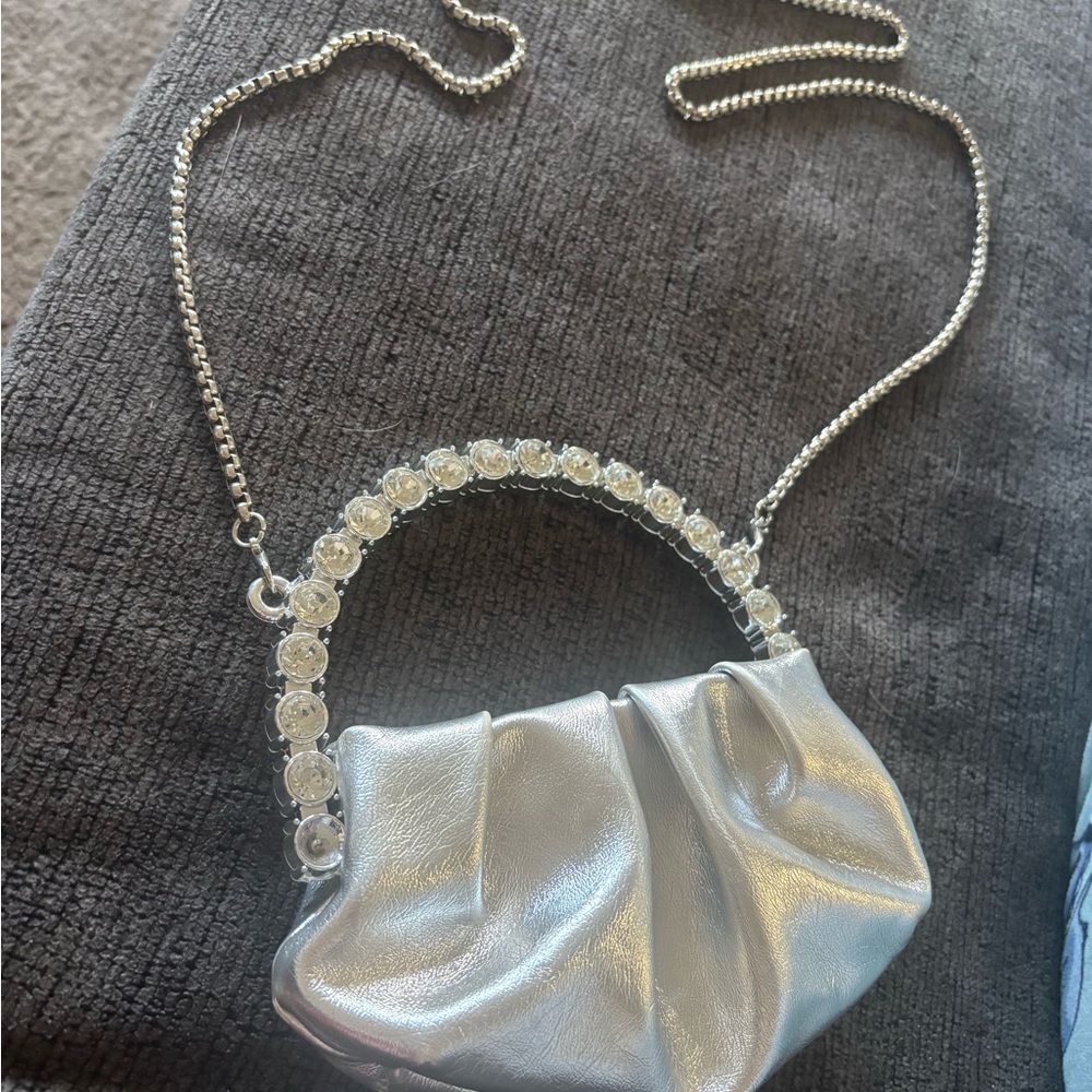 Forever 21 Silver Clutch with Chain and Gem Detail